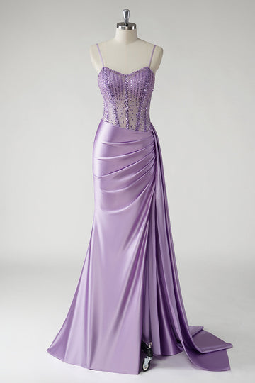 Étincelant violet Corset satin côté cape longue Robe De Soirée avec fente